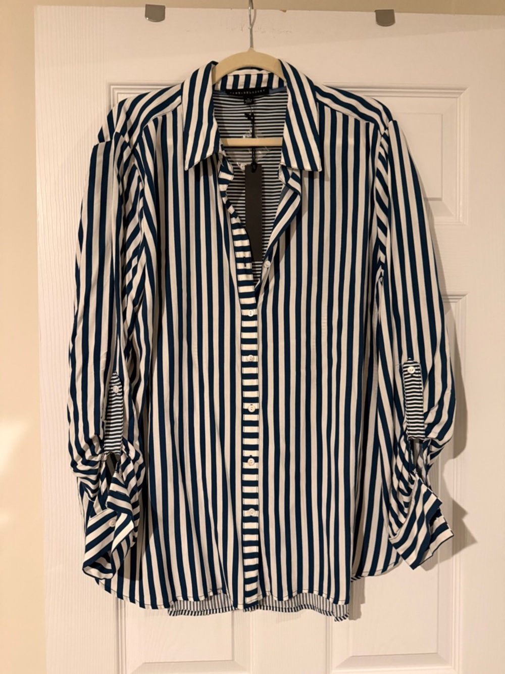Striped Button-Up Shirt in Navy and White